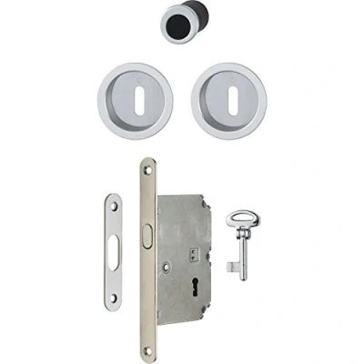 Image de HOPPE 3947902 Schiebetürmuschel Set 4920 mit Schloss, runde Rosette BB, Ensemble de Coquille pour Porte coulissante avec Serrure, Rosace Ronde, chromsat, Chromé satiné
