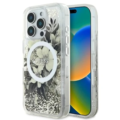 Image de Étui Guess GUHMP16LLFMWTE iPhone 16 Pro 6.3 beige étui rigide Liquid Glitter Flower MagSafe Neuf