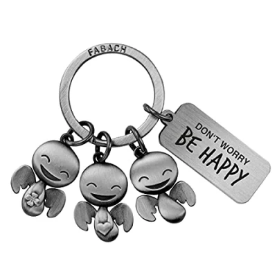 Image de FABACH porte clés ange gardien Happy Trio avec gravure Cadeau bonheur motivation Don&#039;t Worry be Happy, Argent antique, Taille unique, Classique