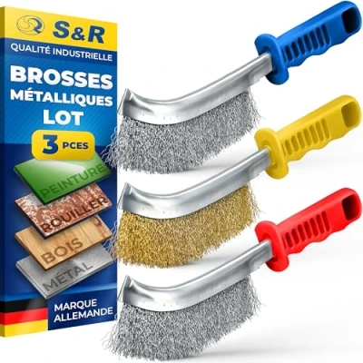 Image de S&amp;R 3 Brosses Métalliques Manuelles: 1 Brosse en Acier inoxydable, Laiton, acier. Jeu de qualité industrielle