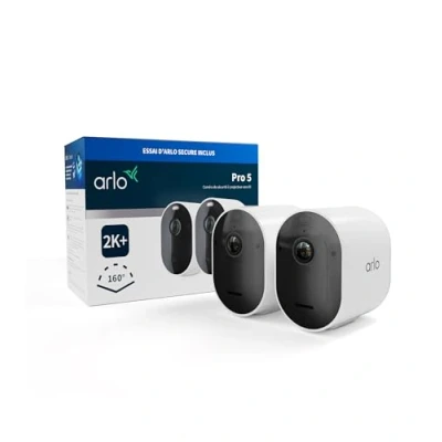 Image de Arlo Pro 5 2K, Caméra de Surveillance WiFi Extérieure Sans Fil,Batterie rechargeable longue durée, Vision Nocturne Couleur Avancée, Sirène, Essai Secure Inclus, 2 Caméras Blanc