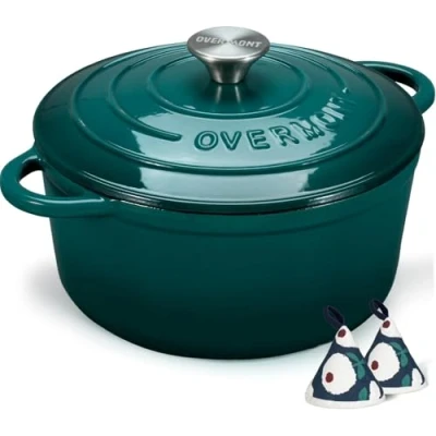 Image de Overmont Cocotte en fonte émaillée Casserole de 5,4 l avec couvercle et maniques coton Batterie cuisine robuste pour braiser, ragoûts, rôtir, pain Vert