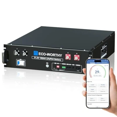 Image de ECO WORTHY Batterie Lithium 48V 100AH Lifepo4 Bluetooth,Batterie 48V（51.2V） 5 KWh avec 100A BMS, pour système Solaire, Ensemble Complet, photovoltaïque, Camping Car