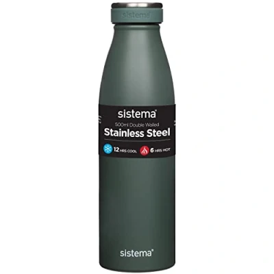 Image de Sistema 500 ml Gourde en acier inoxydable noire, Anti fuite, Sans phtalates ni BPA, réutilisable, Isolation sous vide double paroi, Froid : 12 heures / Chaud 6