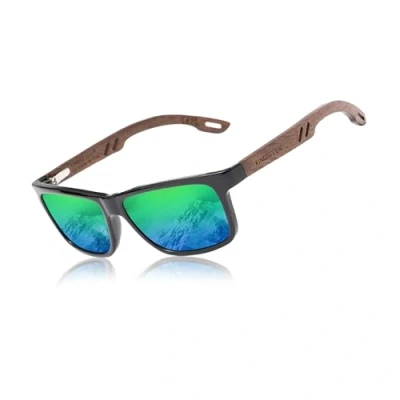Image de KINGSEVEN Lunettes de Soleil Carrées Polarisées pour Hommes, Vintage en Miroir Avec Cadre Bois Zèbre la Conduite W5508 (Vert)