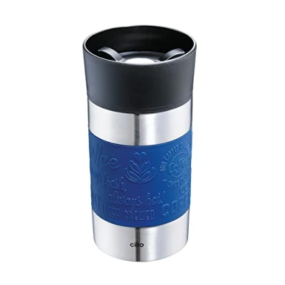 Image de cilio VIAGGIO Gobelet isotherme, 300 ml, bleu, avec fermeture Quick Press à 360, double paroi anti fuite, idéal pour toutes les machines café/dosettes courantes