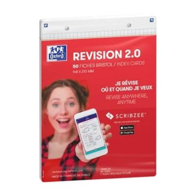 Image de OXFORD Revision 2.0 Lot de 50 Fiches bristol format A5 (14, 8 x 21cm) petits carreaux Recto/Verso cadre Blanc