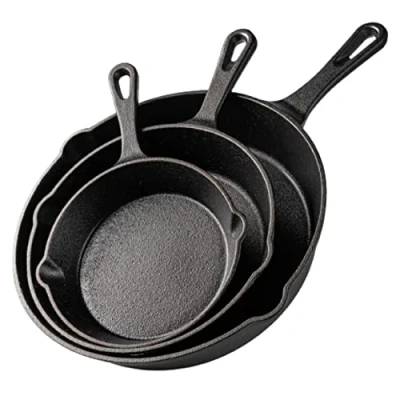 Image de nuovva Poêle à frire en fonte pré enduite Passe au four Pour une utilisation intérieur et extérieur Grill, cuisinière, noir (ensemble de 3 pièces 15 cm, 20 25 cm)
