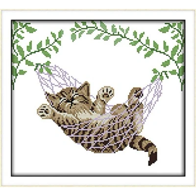 Image de Kit de broderie au point croix, motif chat sur un panier, animaux Awesocrafts faciles à broder fournitures cadeaux Noël, estampillés ou comptés (chat, estampé)