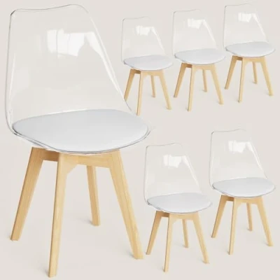 Image de FRUOGO Lot de 6 chaises salle à manger avec dossier transparent et pieds en bois hêtre massif, cuisine, rembourrées, coussin d&#039;assise confortable blanc pour manger,