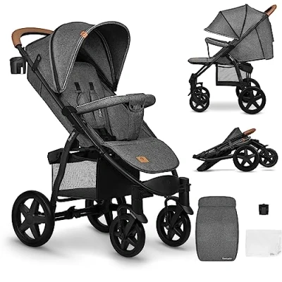Image de LIONELO Annet Plus poussette bebe à 22 kg, auvent avec fenêtre, roues EVA, chancelière moustiquaire porte gobelet, réglage du dossier jusqu’à la position couchée (Gris Brun, PLUS)
