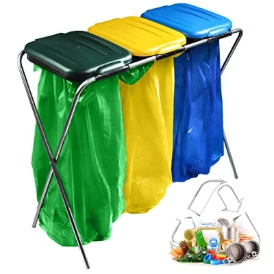 Image de KADAX Support triple Pour sac poubelle Avec couvercle en plastique de 120 l Vert/jaune/bleu