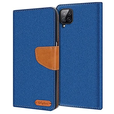 Image de Verco Coque pour Samsung Galaxy M32, Étui Portefeuille Compatible avec M32 Case Textures de Fibre Housse Protection, Bleu