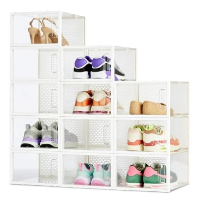 Image de Amazon Basics Lot de 12 boîtes rangement empilables et pliables pour chaussures, taille M, Transparent