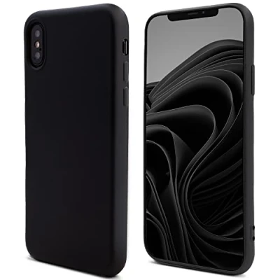 Image de Moozy Lifestyle. Coque conçue pour iPhone X et XS, noire en silicone liquide avec finition mate doublure microfibre douce. Neuf