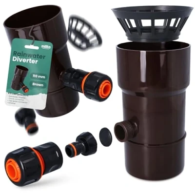 Image de Millto™ Collecteur de Pluie DN Ø110 mm Marron Recuperateur d&#039;eau pour Goutiere Compris Filtre Raccord Tuyau Jardin Descente d&#039;Arrosage Système Récolte