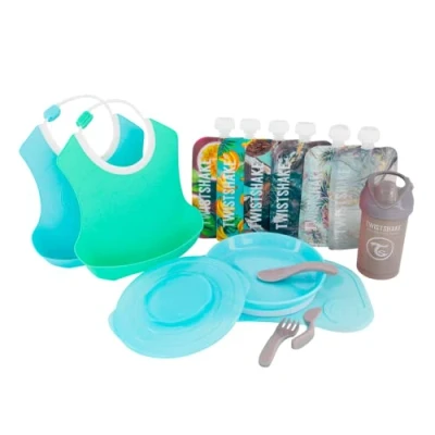 Image de Twistshake Coffret Repas Bébé Click Mat Mini + Assiette, 2 Bavoirs, Gourde Bébé, 6x Gourdes Compote, Sans BPA, Bleu/Vert 78817