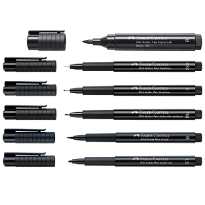 Image de FABER CASTELL Pitt Artist 205012 Set de pointes noires avec 6 crayons d&#039;encre différentes et largeurs trait