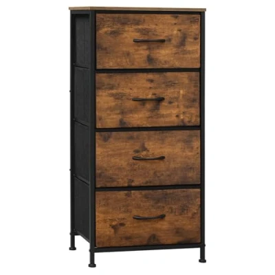 Image de WOLTU Commode 4 Tiroirs, Meuble de Rangement à Tiroirs en Tissu, pour Chambre Coucher, Couloir, Entrée, Salon, Cadre Métal, Dessus Bois d&#039;Ingénierie E1, Marron Rustique + Noir, SSK011shm