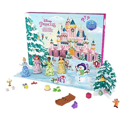 Image de Mattel Disney Princess Calendrier De L’Avent avec 24 Surprises, 4 Mini Poupées (Tiana, Cendrillon, Ariel Et Belle) en Habits Fête 16 Accessoires, Jouet Enfant, A Partir 3 Ans, HLX06
