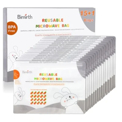 Image de Bimirth Sacs de stérilisation pour micro ondes, Paquet 16 réutilisables, Biberons, sucette, Coupes d&#039;entraînement, 20 utilisations par sac, système marquage, sans produits chimiques