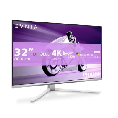 Image de Philips Evnia 32M2N8900 Moniteur de Jeu UHD OLED 32&quot;, 240 Hz, 0,03 ms, HDR400, FreeSync Prem. Pro, Version G Sync. (3840x2160, 2X HDMI 2.1, 1x DP 1.4, USB C (65W PD), hub USB) Blanc