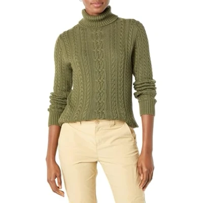 Image de Amazon Essentials Pull Col Roulé en Maille Torsadée Style Irlandais (Grandes Tailles Disponibles) Femme, Vert Olive, XXL