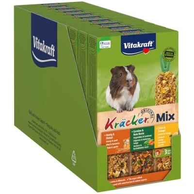 Image de Vitakraft Kräcker Trio Mix Friandise pour Cochons d&#039;Inde aux agrumes, légumes et miel Baguettes riches en vitamines minéraux Recette sans sucre ajouté (Lot de 10 boîtes 3 baguettes)