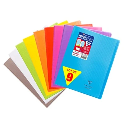 Image de Clairefontaine 981490AMZC Lot de 9 Cahiers Agrafés Koverbook 24x32cm 96 Pages Grands Carreaux Papier Blanc 90g Couverture Polypro (Bleu, Rouge, Vert, Jaune, Violet, Gris, Orange, Rose, Incolore)