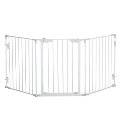Image de Pawhut Barrière de sécurité pour chien 3 éléments avec porte en métal et plastique Blanc 180 x 74,5 cm
