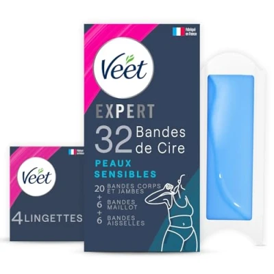Image de Veet EXPERT 32 Bandes De Cire Froide Coffret Jambes, Maillot &amp; Aisselles Peaux Sensibles Finition Parfaite Epilation Longue Durée