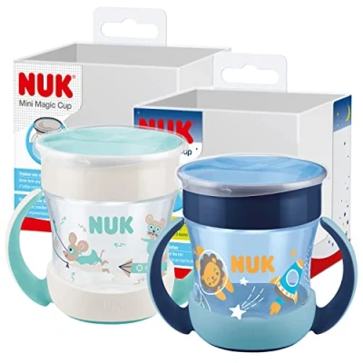 Image de Tasse antifuite NUK Mini Magic Cup Night, À partir de 6 mois,160ml, Bord à 360 pour boire tous les côtés, Brille dans le noir, Poignées ergonomiques,Sans BPA, Lion (bleu),Lot pièces