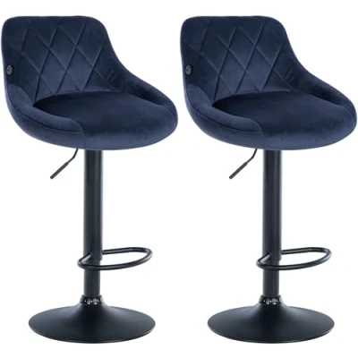 Image de CLP Lot de 2 tabourets Bar Lazio recouverts Velours I Tabouret pivotant avec Repose Pieds réglable en Hauteur, Couleur:Bleu, Couleur du Cadre:Noir