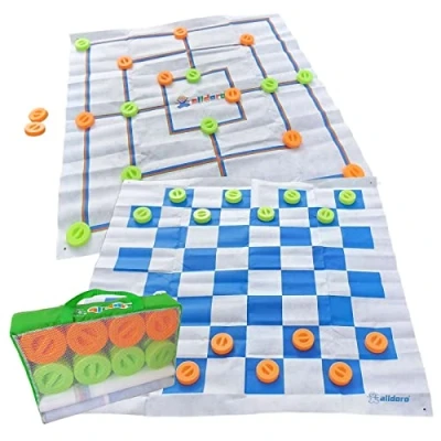 Image de alldoro 60063 XXL Jeu de Moulin et Dames, société d&#039;extérieur 2 en 1 avec 24 pions poignée, Grands Tapis d&#039;env. 158x158 cm, pour Enfants à partir 3 Ans, Adultes