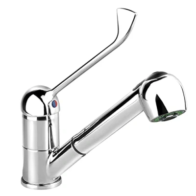 Image de GOLDMAN SERVICE Robinet de cuisine extractible avec douchette Mitigeur gérontologique coude à levier long Usage domestique médical santé hôpitaux laboratoires hôtellerie