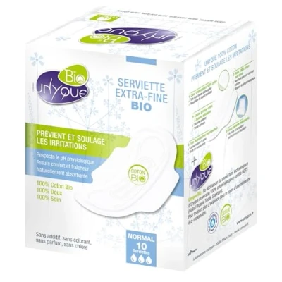 Image de Unyque Lot de 10 serviettes Extra fine 100% coton pur Prévient les irritations hypoallergéniques Super Absorbantes fines et avec ailes Flux modéré Convient aux peaux sensibles