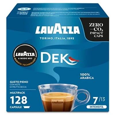 Image de Lavazza, A Modo Mio Dek Cremoso, 128 Capsules de Café, pour un Espresso Décaféiné aux Notes d&#039;amandes et Fruits Confits, 100% Arabica, Intensité 7/13, Torréfaction Moyenne, 8 Paquets 16