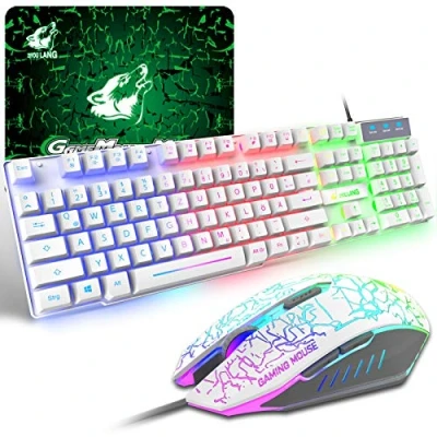 Image de Ensemble Clavier Souris Gaming, QWERTZ de Layout Rétroéclairé Coloré LED Filaire 6 Boutons 2400DPI Tapis Souris, Compatible avec Windows, Mac OS, PS4, Xbox(Adaptateur Requis) Blanc