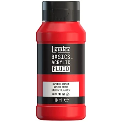 Image de Liquitex 8870387 Basics Fluid Peinture acrylique à consistance fluide, séchage rapide, résistante la lumière, imperméable, base d&#039;eau, Flacon de 118 ml, Rouge Naphtol Carmine