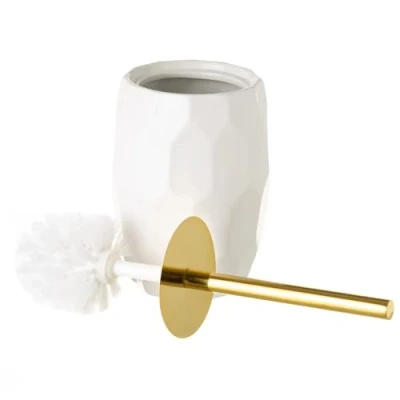Image de Brosse de Toilette WC avec Support, Porte en céramique Coloris Blanc/doré Diamètre 12.5 x Hauteur 33 cm JUANIO
