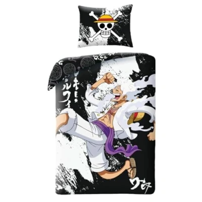 Image de Halantex Parure de lit ONE PIECE Monkey D. Luffy GEAR5 Housse couette 140 x 200 cm avec taie d&#039;oreiller 70 90 100 % coton Oeko Tex Noir