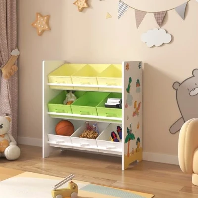 Image de [en.casa] Étagère pour Enfant à 9 Bacs Pliables Amovibles Meuble de Rangement Jouets Motif Dinosaures Panneau Particules Textile Non Tissé Métal 60 x 62 30 cm Blanc Vert Jaune