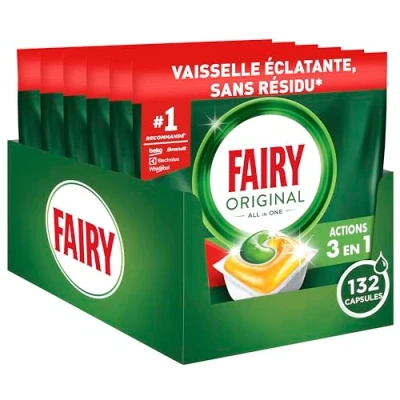 Image de Fairy Original Tablettes Lave vaisselle All In One, Citron, 132 (6x22) Capsules, Efficaces Même Sur La Graisse Incrustée