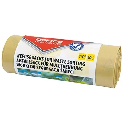 Image de Office Products 22025232 06 Sacs poubelle 120L pour recyclage, plastique résistant à la déchirure (LDPE), couleur: jaune, lot de 10