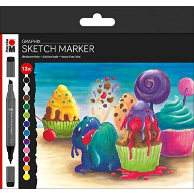 Image de Sketch Graphix Lot de 12 marqueurs à Pointe double japonaise 1 mm biseautée fine Couleurs brillantes, encre séchage rapide, faible odeur et imperméable