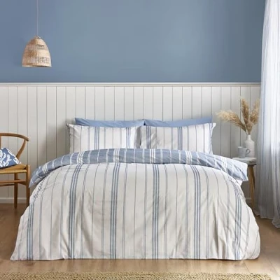Image de Catherine Lansfield Harbour Stripe Parure de lit réversible avec Housse Couette et taies d&#039;oreiller pour Super King Size Bleu
