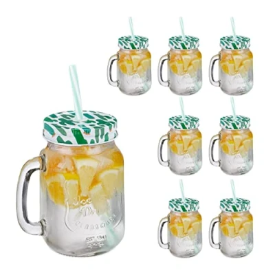 Image de Relaxdays Verre à Cocktails avec Couvercle et Paille Incluse, Lot de 8, 500 ML, Style rétro, Estival, poignée, Vert