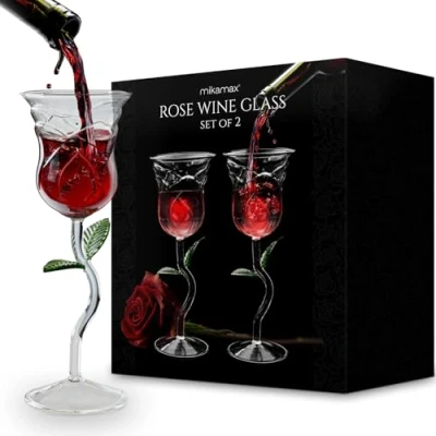Image de MikaMax Lot de 2 verres à vin en forme Rose Design créatif et esthétique 200 ml Verre rouge cocktail jus Pour la maison, le bar, mariage Jolis
