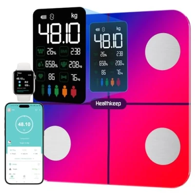 Image de Balance Pèse Personne, Healthkeep Connectée Impédancemètre Grand Écran VA Avec Fréquence Cardiaque 15 Mesures APP pour Andriod et iOS 180kg/400lb/28st, Arc en Ciel