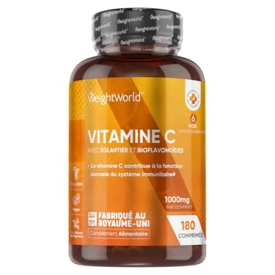 Image de Vitamine C 1000mg Antioxydant Puissant Pour Os, Peau, Fatigue &amp; Systeme Immunitaire 180 Comprimés Vegan (6 Mois), Pure Acide L Ascorbique Avec Cynorhodons (Églantier) Bioflavonoïdes)